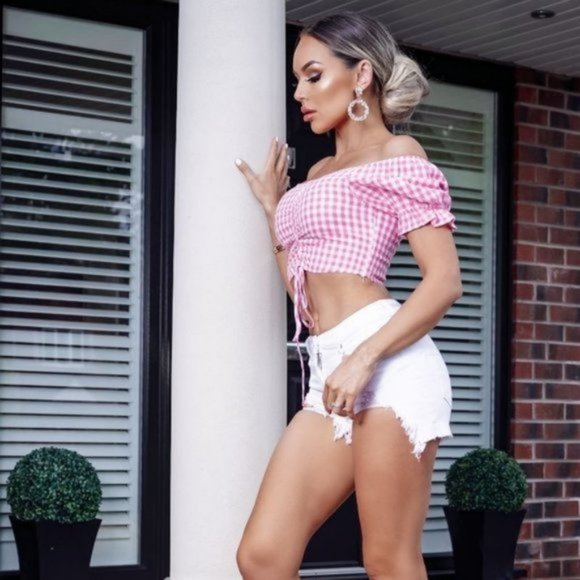 Pink Gingham Plaid Check Short Sleeve Off Shoulder Ruched Crop Top - Picture 8 of 9
